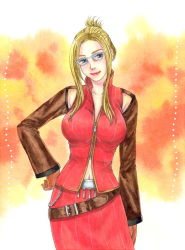 Rule 34 | 1990s (style), 1girl, belt, blonde hair, blue eyes, breasts, final fantasy, final fantasy viii, glasses, kikimimi 612, large breasts, lipstick, long hair, looking at viewer, makeup, navel, quistis trepe, retro artstyle, solo, square enix