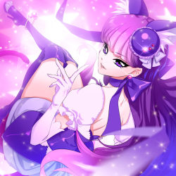 Rule 34 | 10s, 1girl, animal ears, boots, cat ears, cat tail, choker, commentary request, cure macaron, elbow gloves, extra ears, food-themed hair ornament, garam, gloves, hair ornament, kirakira precure a la mode, kotozume yukari, long hair, looking at viewer, magical girl, precure, purple eyes, purple footwear, purple hair, purple theme, skirt, smile, solo, sparkle, tail, thigh boots, thighhighs, white gloves
