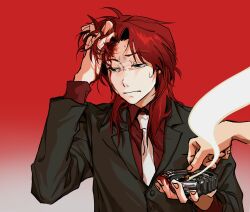 Rule 34 | 1boy, 1other, ashtray, black eyes, black jacket, blazer, blood, blood on face, blood on hands, cigarette, closed mouth, collared shirt, commentary request, fingernails, formal, gradient background, half-closed eyes, hand in own hair, highres, holding ashtray, ichijou seiya, jacket, kaiji, long hair, long sleeves, looking down, looking to the side, male focus, medium bangs, necktie, parted bangs, red background, red hair, red shirt, shirt, siralkali, smoke, solo focus, suit, sweatdrop, upper body, white necktie