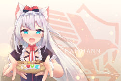 Rule 34 | 1girl, animal ear fluff, animal ears, azur lane, blue eyes, bow, cat ears, character name, collarbone, cookie, fang, food, hair between eyes, hair bow, hammann (azur lane), highres, long hair, looking at viewer, open mouth, portrait, silver hair, solo
