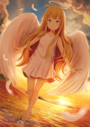 Rule 34 | 1girl, :/, ahoge, angel, angel wings, blonde hair, blue eyes, cloud, dress, water drop, dutch angle, feathers, floating, full body, gabriel dropout, halo, highres, kirimatsu, long hair, looking at viewer, outstretched arms, sky, solo, sunset, gabriel tenma white, walking, walking on liquid, water, white dress, wings