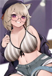 Rule 34 | 1girl, :d, animal ear fluff, animal ears, arknights, arm behind back, bikini, bikini top only, black-framed eyewear, black headwear, black jacket, blurry, blurry background, breasts, brown hair, cleavage, collarbone, depth of field, e draw paint, glasses, grey bikini, grey shorts, grin, highres, huge breasts, indoors, jacket, large breasts, long sleeves, looking at viewer, navel, official alternate costume, open clothes, open jacket, open mouth, parted lips, purple eyes, short hair, short shorts, shorts, sitting, smile, solo, striped bikini, striped clothes, swimsuit, undressing, utage (arknights), utage (disguise) (arknights), utage (summer flowers) (arknights), vertical-striped bikini, vertical-striped clothes