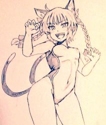 Rule 34 | 1girl, animal ears, braid, breasts, cat ears, cat tail, claw pose, commentary request, competition swimsuit, covered navel, cowboy shot, d-m (dii emu), extra ears, eyelashes, greyscale, kaenbyou rin, long hair, looking at viewer, monochrome, multiple tails, nekomata, one-piece swimsuit, open mouth, small breasts, swimsuit, tail, touhou, traditional media, twin braids, two tails