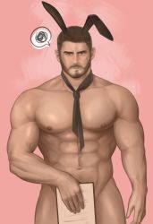 Rule 34 | 1boy, abs, animal ears, bara, black hair, chris redfield, closed mouth, covering privates, covering crotch, facial hair, gr goden, holding, large pectorals, male focus, muscular, muscular male, naked necktie, navel, necktie, nipples, nude, pectorals, rabbit boy, rabbit ears, resident evil, short hair, solo