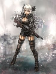Rule 34 | &gt;:), 1girl, black footwear, black gloves, boots, breasts, cleavage, floating hair, full body, garter straps, gloves, goggles, goggles around neck, grey hair, gun, hair ribbon, holding, holding gun, holding weapon, knee boots, large breasts, legs apart, lips, long hair, long sleeves, looking at viewer, orange eyes, pixiv fantasia, pixiv fantasia t, ribbon, riinu (ir-n), shorts, shotgun, shoulder pads, signature, smile, solo, standing, thighhighs, trigger discipline, tsurime, v-shaped eyebrows, weapon