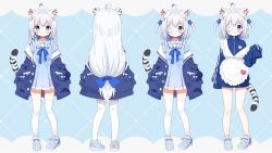 Rule 34 | 1girl, :o, ahoge, animal ears, apron, blue dress, clothes down, commentary request, dress, expressionless, eyepatch, frilled dress, frills, full body, highres, indie virtual youtuber, jacket, korean commentary, long hair, long sleeves, mauve, myoya (vtuber), no pants, open clothes, open jacket, second-party source, short hair, sleeves past fingers, sleeves past wrists, smile, strap slip, tail, thighhighs, tiger ears, tiger girl, tiger tail, track jacket, two side up, virtual youtuber, white hair, white thighhighs