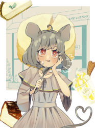 Rule 34 | 1girl, ahoge, alternate costume, animal ears, blush, cake, commission, culotte (hosenrock), dress, food, grey dress, grey hair, highres, holding, holding spoon, mouse ears, mouse tail, nazrin, open mouth, red eyes, short hair, short sleeves, skeb commission, solo, spoon, tail, touhou