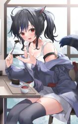 Rule 34 | 1girl, absurdres, animal ears, bare shoulders, black hair, black jacket, black thighhighs, blush, breasts, cleavage, collarbone, commentary request, cup, final fantasy, final fantasy xiv, food, fork, highres, holding, holding fork, jacket, large breasts, long sleeves, looking at viewer, medium hair, miqo&#039;te, off shoulder, open mouth, ponytail, red eyes, sitting, smile, solo, tail, thighhighs, thighs, warrior of light (ff14), yana mori