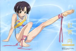 Rule 34 | 00s, 1girl, absurdres, ankle ribbon, anklet, arm support, bare shoulders, barefoot, black eyes, black hair, blush, feet, female focus, highres, jewelry, kneepits, kugimiya madoka, leg ribbon, leg up, legs, long image, looking at viewer, mahou sensei negima!, megami magazine, necklace, official art, official wallpaper, one-piece swimsuit, ookaji hiroyuki, ribbon, short hair, sitting, smile, soles, solo, swimsuit, toe-point, toes, wallpaper, wide image
