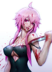 Rule 34 | 1girl, bare shoulders, black dress, blood, blood on face, bloody knife, breasts, cleavage cutout, clothing cutout, covered navel, dress, gasai yuno, gradient background, knife, large breasts, long hair, looking at viewer, mirai nikki, motion blur, off shoulder, pink eyes, pink hair, simple background, solo, strap slip, tongue, tongue out, underboob cutout, upper body, zeronis