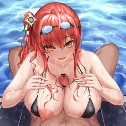 Rule 34 | 1boy, 1girl, areola slip, azur lane, bar censor, bikini, bikini bottom aside, black bikini, blush, breasts, brown eyes, censored, chinese commentary, cleavage, clothing aside, commentary request, goggles, goggles on head, hair between eyes, hetero, highres, italian flag, large breasts, long hair, looking at viewer, nipple slip, nipples, official alternate costume, open mouth, paizuri, penis, poolside, pov, red hair, side ponytail, smile, solo focus, swimsuit, upper body, water, wet, yeklsa, zara (azur lane), zara (poolside coincidence) (azur lane)