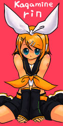 Rule 34 | 1girl, arm support, arm warmers, belt, between legs, black shorts, blonde hair, blouse, blue eyes, blush, bow, character name, hair bow, hair ornament, hairclip, hand between legs, headphones, kagamine rin, leg warmers, looking at viewer, microphone, okera, red background, ribbon, sailor collar, shirt, shoes, short hair, shorts, simple background, sitting, sleeveless, solo, swept bangs, tattoo, v arms, vocaloid, white bow, white shirt, yellow ribbon