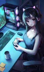 Rule 34 | 1girl, absurdres, animal ear headphones, animal ears, bare arms, bare shoulders, black hair, blue shirt, breasts, cat ear headphones, chair, cigarette, cleavage, collarbone, controller, cup, facial mark, fake animal ears, from above, hair ornament, hairclip, headphones, highres, in mouth, indoors, keyboard (computer), large breasts, long hair, looking at viewer, looking up, monitor, mouse (computer), original, shirt, shorts, sitting, smoke, smoking, solo, starlime, video game