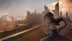 Rule 34 | 1girl, bad id, bad pixiv id, black bow, black choker, blue dress, blue eyes, blue hairband, blue sky, bow, bridge, brown hair, choker, cityscape, cloud, collarbone, commentary request, day, dress, hair ornament, hairband, highres, long hair, long sleeves, looking at viewer, low ponytail, original, outdoors, parted lips, saraki, sky, solo, steepled fingers, very long hair, wide shot, wide sleeves