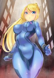 Rule 34 | 1girl, aircraft, airplane, blonde hair, blue eyes, bodysuit, bow, breasts, broken glass, building, clenched hand, colored eyelashes, covered navel, cowboy shot, curvy, female focus, from below, glass, gloves, high ponytail, hip focus, impossible bodysuit, impossible clothes, jet, kazo (kazozakazo), large breasts, long hair, looking at viewer, metroid, nintendo, outdoors, parted lips, ponytail, samus aran, silhouette, skin tight, sky, skyscraper, solo, standing, swept bangs, thick thighs, thighs, turtleneck, very long hair, wide hips, window, wristband, zero suit