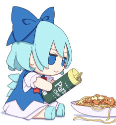 Rule 34 | 1girl, absurdres, blue bow, blue dress, blue eyes, blue footwear, blue hair, bow, cirno, closed mouth, dress, fairy, food, fumo (doll), hair bow, highres, holding, ice, ice wings, kame (kamepan44231), pasta, shoes, short hair, short sleeves, simple background, smile, solo, touhou, white background, white hair, wings