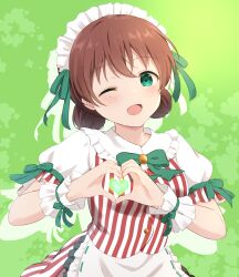 Rule 34 | 1girl, ;d, absurdres, apron, bow, bowtie, brown hair, commentary, double bun, drop shadow, emma verde, freckles, frilled apron, frilled cuffs, frills, green background, green bow, green bowtie, green eyes, green ribbon, hair bun, heart, heart hands, heart in heart hands, highres, love live!, love live! nijigasaki high school idol club, maid, maid headdress, one eye closed, open mouth, puffy short sleeves, puffy sleeves, red shirt, red skirt, ribbon, ribbon-trimmed apron, ribbon trim, shirt, short hair, short sleeves, skirt, smile, solo, striped clothes, striped shirt, striped skirt, two-tone shirt, two-tone skirt, vertical-striped clothes, vertical-striped shirt, vertical-striped skirt, waist apron, white apron, white headdress, white shirt, white skirt, white sleeves, white wrist cuffs, wrist cuffs, yutuki ame