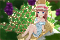 Rule 34 | 1girl, absurdres, abwan, arm support, bad id, bad pixiv id, bare shoulders, barefoot, bench, blue dress, blue eyes, blunt bangs, blurry, blush, brown hair, child, collarbone, depth of field, dress, eating, food, frilled dress, frills, from above, fruit, grapes, hair ornament, hairclip, hat, hat ribbon, highres, knees up, long hair, looking at viewer, off-shoulder dress, off shoulder, open mouth, original, outdoors, plant, popsicle, ribbon, shade, sitting, smile, solo, sun hat, sunlight, vines