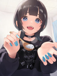 Rule 34 | 1girl, :d, absurdres, bananafish1111, black hair, blue eyes, blue nails, choker, commentary request, feeding, heart, heart-shaped pupils, heart choker, highres, holding, holding spoon, incoming food, looking at viewer, medium hair, nail polish, open mouth, original, porridge, pov feeding, smile, solo, spoon, steam, symbol-shaped pupils, teeth