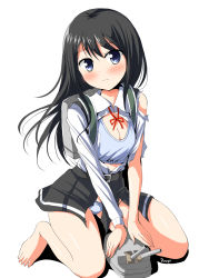 Rule 34 | 10s, 1girl, artist name, asashio (kancolle), backpack, bag, barefoot, belt, black hair, blue eyes, blue panties, blush, bow, bow panties, breasts, cleavage, closed mouth, commentary request, deego (omochi bazooka), dress, eyebrows, highres, kantai collection, kneeling, long hair, long sleeves, looking at viewer, neck ribbon, panties, pinafore dress, randoseru, red ribbon, ribbon, school uniform, serafuku, simple background, skirt, sleeveless, sleeveless dress, small breasts, solo, torn clothes, torn skirt, turret, underwear, white background