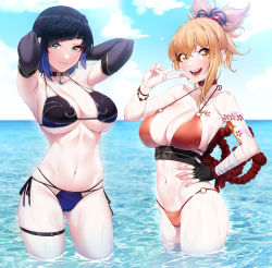 Rule 34 | 2girls, akchu, arm tattoo, armpits, arms behind head, arms up, bandaged arm, bandaged leg, bandages, bikini, black hair, blonde hair, blue hair, blue sky, bob cut, breasts, choker, cleavage, cloud, cloudy sky, collarbone, colored tips, day, diagonal bangs, dice, fingerless gloves, fingernails, genshin impact, gloves, green eyes, hair between eyes, hand on own hip, highres, large breasts, long fingernails, looking at viewer, mole, mole on breast, multicolored bikini, multicolored clothes, multicolored hair, multiple girls, navel, o-ring, o-ring bikini, open mouth, parted lips, partially submerged, rope, shimenawa, short hair, single fingerless glove, sky, smile, swimsuit, tattoo, teeth, thigh strap, two-tone hair, underboob, upper teeth only, v, wading, water, wet, yelan (genshin impact), yellow eyes, yoimiya (genshin impact)