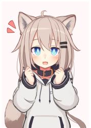 Rule 34 | 1girl, :d, animal collar, animal ears, blue eyes, bone print, collar, commentary, fang, hair ornament, hairclip, happy, hood, hood down, hoodie, light brown hair, long hair, long sleeves, open mouth, original, reitou mikan, simple background, sketch, smile, solo, tail, white background