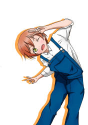 Rule 34 | 1girl, blush, hair between eyes, highres, hoshizora rin, jyunazn, looking at viewer, love live!, one eye closed, open mouth, orange hair, overalls, shirt, short hair, simple background, smile, solo, victory pose, white background, white shirt, yellow eyes
