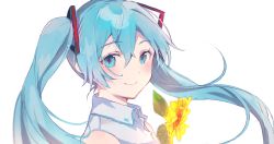 Rule 34 | 1girl, absurdres, bare shoulders, blue eyes, blue hair, closed mouth, collared shirt, commentary request, flower, hair between eyes, hatsune miku, heremia, highres, long hair, looking at viewer, looking to the side, portrait, shirt, simple background, sleeveless, sleeveless shirt, smile, solo, vocaloid, white background, white shirt, yellow flower