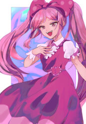 Rule 34 | 1girl, arm support, black background, bow, buttons, collared dress, dancing omochi, dress, feet out of frame, frilled dress, frills, hair bow, hand on own face, highres, holding, holding mace, knees up, long hair, looking at viewer, mace, omori, open mouth, pink bow, pink dress, pink eyes, pink hair, pink trim, polka dot, polka dot bow, puffy short sleeves, puffy sleeves, short sleeves, sidelocks, sitting, socks, solo, spiked mace, spikes, sweetheart (omori), tan, twintails, weapon, white socks, wrist cuffs