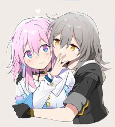 Rule 34 | 2girls, black choker, black gloves, black jacket, buttons, choker, covering another&#039;s mouth, gloves, grey hair, hair between eyes, hand on another&#039;s shoulder, hand over another&#039;s mouth, heart, highres, honkai: star rail, honkai (series), hug, hug from behind, jacket, jin2, korean commentary, light blush, long sleeves, march 7th (honkai: star rail), medium hair, multicolored eyes, multiple girls, pink hair, simple background, stelle (honkai: star rail), trailblazer (honkai: star rail), upper body, white sleeves, yellow eyes, yuri