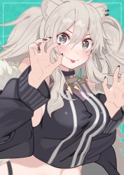 Rule 34 | 1girl, absurdres, ahoge, animal ears, black jacket, black nails, black shirt, blush, breasts, choker, claw pose, closed mouth, commentary, crop top, cropped jacket, earrings, grey eyes, hair between eyes, highres, hololive, jacket, jewelry, large breasts, lion ears, long hair, looking at viewer, midriff, nail polish, navel, open clothes, open jacket, shirt, shishiro botan, shishiro botan (1st costume), silver hair, simple background, smile, solo, spiked choker, spikes, tonarikeru, tongue, tongue out, upper body, virtual youtuber