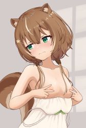 Rule 34 | animal ear fluff, animal ears, ayunda risu, ayunda risu (1st costume), blush, breasts, brown hair, cleavage, clothes pull, dress, dress pull, embarrassed, eyes visible through hair, green eyes, hair ornament, hair over shoulder, hands on own chest, highres, hololive, hololive indonesia, leaf hair ornament, looking to the side, low twintails, medium breasts, multicolored hair, nipples, sleeveless, sleeveless dress, spaghetti strap, squirrel ears, squirrel girl, squirrel tail, tail, telomere, twintails, two-tone hair, virtual youtuber, white dress, window shadow
