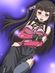 Rule 34 | 00s, 1girl, awa, black hair, blush, detached sleeves, jaggy lines, lipstick, long hair, lowres, makeup, oekaki, red eyes, rosario+vampire, solo, thighhighs, torn clothes, toujou ruby