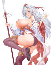 Rule 34 | 1girl, ass, asymmetrical bangs, bare shoulders, blue eyes, blush, braid, breasts, breasts out, choker, commission, detached sleeves, french braid, from side, grey hair, hair over one eye, highres, holding, holding polearm, holding weapon, huge breasts, japanese clothes, large breasts, leotard, leotard under clothes, long hair, miko, nipples, nontraditional miko, obi, open mouth, original, panties, pixiv commission, polearm, purple eyes, sandals, sash, sideboob, simple background, solo, thighhighs, toyoman, underwear, weapon, white background, white hair, wide sleeves
