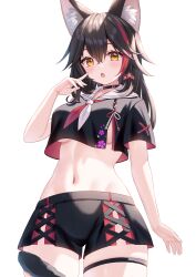 Rule 34 | 1girl, absurdres, animal ear fluff, animal ears, black choker, black hair, black shirt, black shorts, blush, breasts, choker, cropped shirt, highres, hololive, long hair, looking at viewer, medium breasts, multicolored hair, official alternate costume, ookami mio, ookami mio (another ookami mio), open mouth, red hair, shirt, shorts, solo, streaked hair, tail, tail around own leg, thigh strap, togemaru34, virtual youtuber, wolf ears, wolf girl, wolf tail