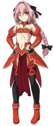 Rule 34 | 1boy, astolfo (fate), blush, braid, cosplay, costume switch, fate/apocrypha, fate (series), full body, hair intakes, hands on own hips, long hair, male focus, midriff, mordred (fate), mordred (fate) (cosplay), mordred (fate/apocrypha), navel, one eye closed, pelvic curtain, pink hair, purple eyes, shiseki hirame, simple background, single braid, solo, split mouth, standing, trap, white background
