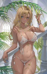 Rule 34 | 1girl, belly chain, bikini, blonde hair, blue nails, blurry, blush, bracelet, breasts, cleavage, closed mouth, commentary, cowboy shot, cross, cross necklace, dark-skinned female, dark skin, depth of field, ear piercing, earrings, green eyes, hair between eyes, hand up, highres, jewelry, lace bikini, large breasts, latin cross, leaf, long hair, looking at viewer, mole, mole under eye, multiple necklaces, nail art, nail polish, navel, necklace, original, piercing, plant, railing, ring, sage joh, side-tie bikini bottom, sideboob, smile, solo, string bikini, swimsuit, symbol-only commentary, tassel, thigh gap, thighs, twitter username, underboob, vegetation, white bikini