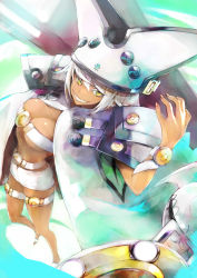 Rule 34 | 1girl, abs, absurdres, bana (stand flower), belt bra, breasts, cape, cleavage, dark skin, dark-skinned female, guilty gear, guilty gear xrd, hat, highres, long hair, looking at viewer, muscular, muscular female, ramlethal valentine, short shorts, shorts, solo, thigh strap, underboob, white hair, yellow eyes