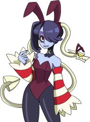 Rule 34 | 1girl, animal ears, bare shoulders, blue skin, colored skin, detached collar, detached sleeves, fake animal ears, female focus, hair over one eye, leviathan (skullgirls), playboy bunny, rabbit ears, red eyes, side ponytail, skullgirls, squigly (skullgirls), stitched mouth, stitches, zombie