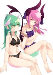 Rule 34 | 10s, 2girls, bad id, bad pixiv id, bikini, black bikini, bottle, breasts, bugbook, commentary request, curled horns, dragon horns, elizabeth bathory (fate), elizabeth bathory (fate/extra ccc), closed eyes, facing another, fate/extra, fate/extra ccc, fate/grand order, fate (series), green hair, holding, holding bottle, horns, kiyohime (fate), kiyohime (fate/grand order), kiyohime (swimsuit lancer) (fate), long hair, looking at another, multiple girls, pink hair, pointy ears, ponytail, purple bikini, sitting, small breasts, smile, swimsuit, tail, white background, yellow eyes