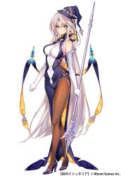 Rule 34 | 1girl, age of ishtaria, bare shoulders, black hat, breasts, closed mouth, copyright name, copyright notice, elbow gloves, enkar (age of ishtaria), full body, gloves, grey hair, hair ornament, hat, high heels, highres, holding, holding staff, large breasts, long hair, looking at viewer, munlu (wolupus), navel, official art, pelvic curtain, purple eyes, purple footwear, simple background, solo, staff, standing, white background, white gloves, witch hat