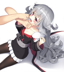 Rule 34 | 1girl, azur lane, black jacket, blush, breasts, brushing teeth, cape, collarbone, cross, fur-trimmed cape, fur trim, hair between eyes, highres, jacket, long hair, messy hair, multicolored cape, multicolored clothes, olive (laai), open mouth, out of frame, pantyhose, pleated skirt, red cape, red eyes, shadow, silver hair, simple background, skirt, small breasts, solo focus, sweat, toothbrush, white cape, white skirt, zeppy (azur lane)