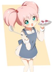 Rule 34 | 1girl, :d, apron, blue apron, blush, censored, censored food, commentary, dress, green eyes, hair bobbles, hair ornament, highres, holding, holding ladle, holding plate, ladle, looking at viewer, minatsuki hitoka, mosaic censoring, open mouth, pink hair, plate, short hair, smile, solo, standing, twintails, two-tone background, white background, yellow background, yoshikawa chinatsu, yuru yuri