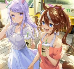 Rule 34 | 2girls, :d, :o, akamoku, animal ears, arm up, bad id, bad pixiv id, bare shoulders, blue eyes, blue skirt, bow, breasts, brown hair, cafe, casual, cup, disposable cup, drinking straw, hair between eyes, hair bow, highres, horse ears, horse girl, horse tail, jewelry, long hair, looking at viewer, medium breasts, mejiro mcqueen (umamusume), multicolored hair, multiple girls, necklace, off-shoulder shirt, off shoulder, open mouth, outdoors, pink shirt, pleated skirt, ponytail, purple eyes, purple hair, shirt, short sleeves, skirt, smile, streaked hair, tail, tokai teio (umamusume), two-tone hair, umamusume, white shirt