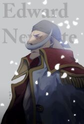Rule 34 | 1boy, bandana, character name, chinese commentary, collared coat, commentary request, edward newgate, epaulettes, facial hair, falling petals, fish191101756, grey background, highres, looking ahead, male focus, mustache, one piece, petals, simple background, smile, solo