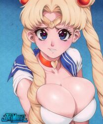 Rule 34 | 1girl, artist name, bishoujo senshi sailor moon, blonde hair, blue eyes, breasts, bursting breasts, choker, cleavage, collarbone, earrings, heart, heart-shaped pupils, huge breasts, jay-marvel, jewelry, large breasts, lip biting, meme, revision, sailor collar, sailor moon, sailor moon redraw challenge (meme), sailor senshi uniform, school uniform, serafuku, solo, symbol-shaped pupils, tsukino usagi, twintails, upper body