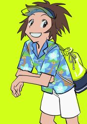 Rule 34 | 1boy, alolan exeggutor, alolan form, alternate costume, backpack, bag, black eyes, blue shirt, brown hair, buttons, character print, collared shirt, commentary, creatures (company), elizabeth (tomas21), game freak, gen 7 pokemon, green background, green bag, grin, highres, looking to the side, male focus, nate (pokemon), nintendo, pokemon, pokemon bw2, shirt, short hair, short sleeves, shorts, simple background, smile, solo, visor cap, white shorts