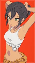 Rule 34 | 1girl, adjusting hair, akagi (fmttps), alternate hairstyle, armpits, arms behind head, arms up, brown hair, closed mouth, clothes around waist, commentary, dark-skinned female, dark skin, girls und panzer, green eyes, highres, hoshino (girls und panzer), jumpsuit, lips, mechanic, navel, one-hour drawing challenge, orange jumpsuit, red background, shirt, short hair, short ponytail, solo, standing, tank top, tied shirt, uniform, upper body, white shirt