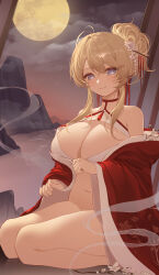 Rule 34 | 1girl, absurdres, azur lane, bare shoulders, blonde hair, blue eyes, breasts, choker, cleavage, cleavage cutout, clothing cutout, dress, flower, full moon, glorious (azur lane), glorious (pungent plum) (azur lane), hair flower, hair ornament, hair stick, highres, japanese clothes, kimono, large breasts, looking at viewer, moon, night, night sky, official alternate costume, open clothes, open dress, red choker, red dress, red kimono, revealing clothes, shibuya (kurokamishain), sitting, sky, solo, star (sky), wariza, white flower, wide sleeves
