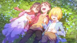 Rule 34 | 1girl, 2boys, armin arlert, belt, black hair, blonde hair, blue flower, brown eyes, child, commentary request, day, dress, eren yeager, closed eyes, flower, grass, holding hands, happy, highres, jacket, laughing, meipu hm, mikasa ackerman, multiple boys, on grass, pants, red scarf, scarf, shade, shingeki no kyojin, shirt, short hair, smile, suspenders, aged down